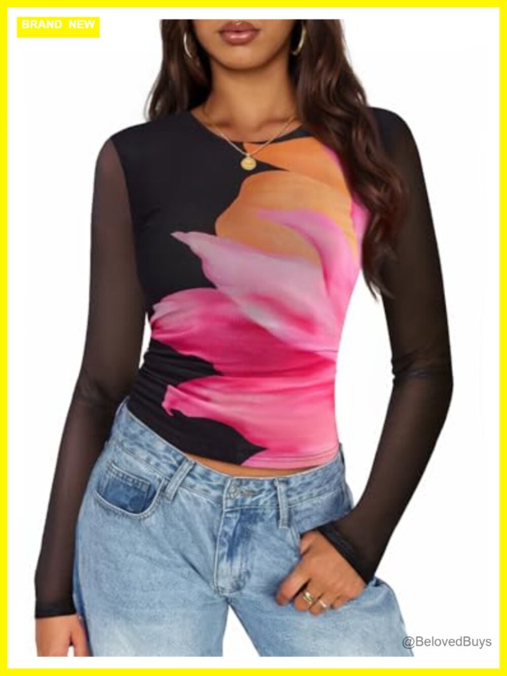 ZESICA Womens Floral Mesh Long Sleeve Slim Fit Ruched Y2K Going Out Top